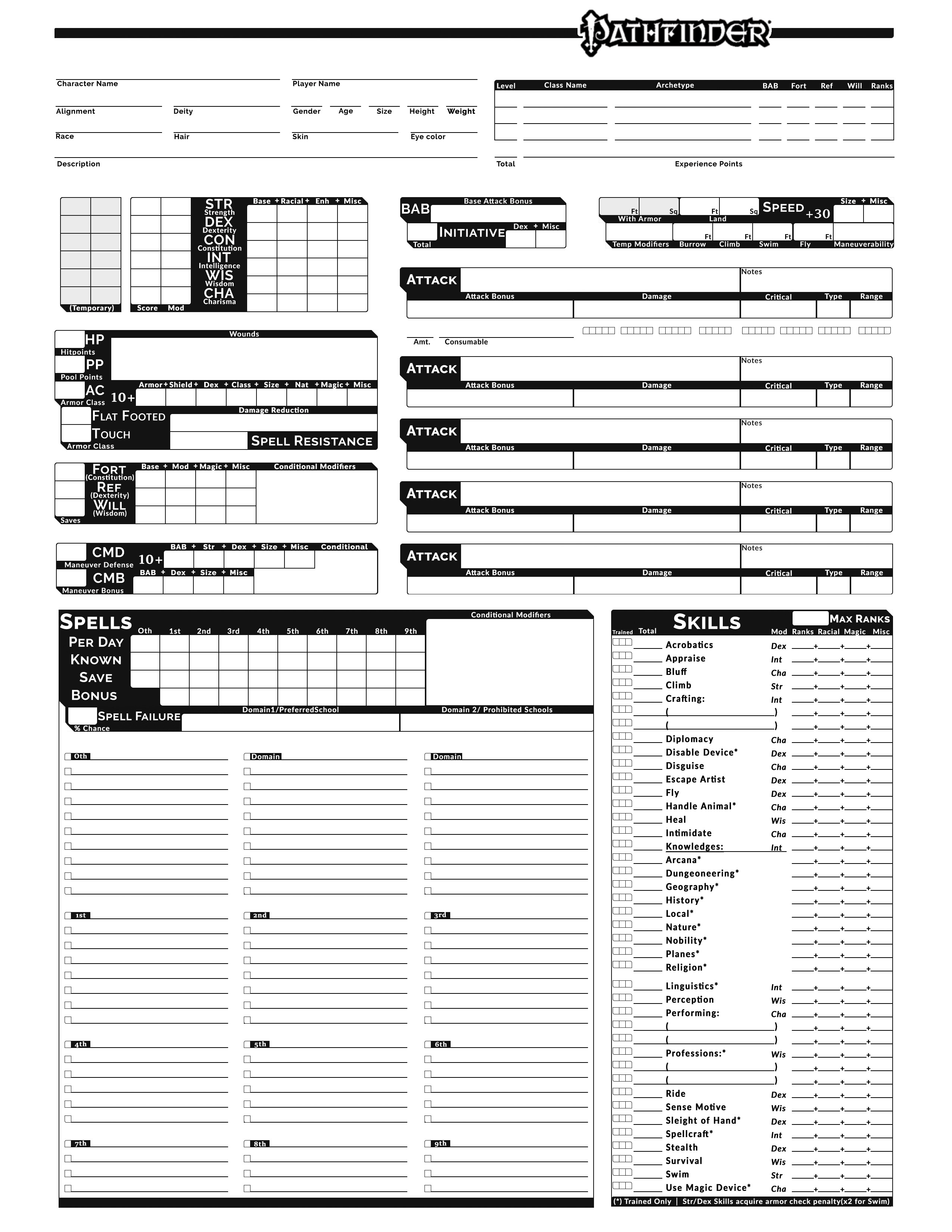 pathfinder rpg character sheet printable